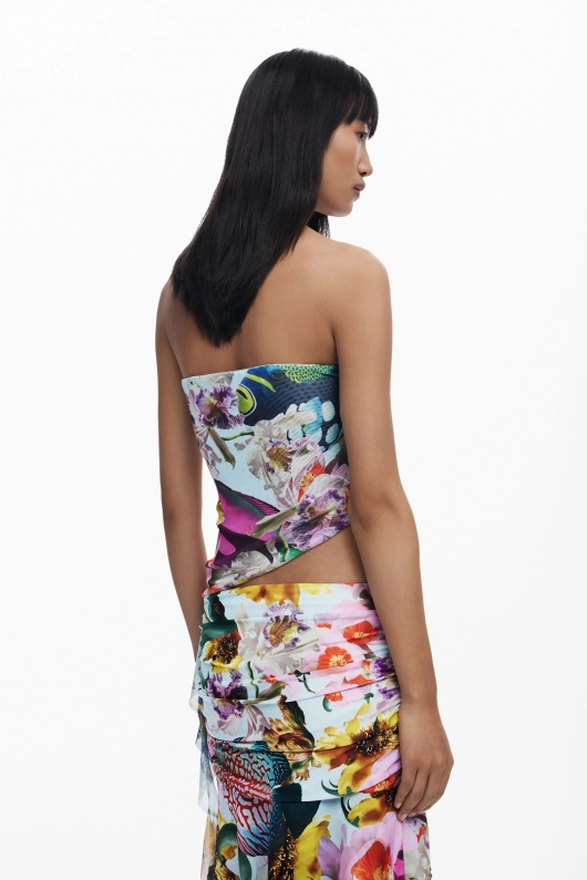 Top tulle multicolor bardot cu volane asimetrice