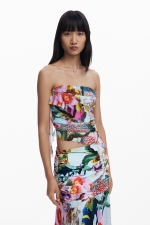 Top tulle multicolor bardot cu volane asimetrice