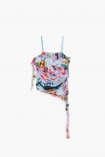 Top tulle multicolor bardot cu volane asimetrice