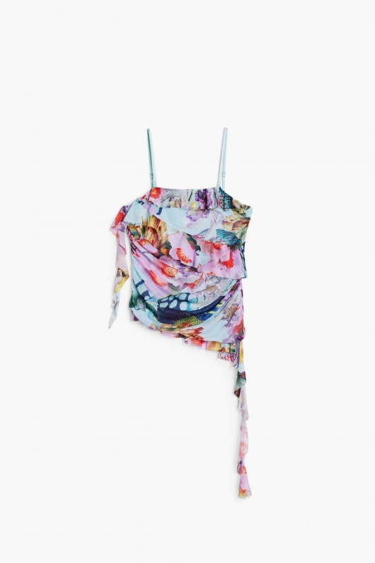 Top tulle multicolor bardot cu volane asimetrice