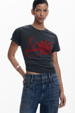 Tricou gri cu imprimeu LOVE și mâneci scurte