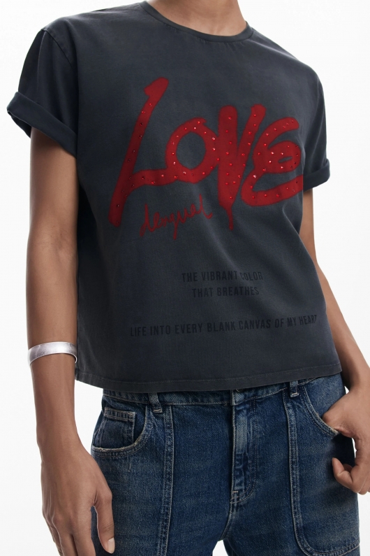 Tricou gri cu imprimeu LOVE și mâneci scurte