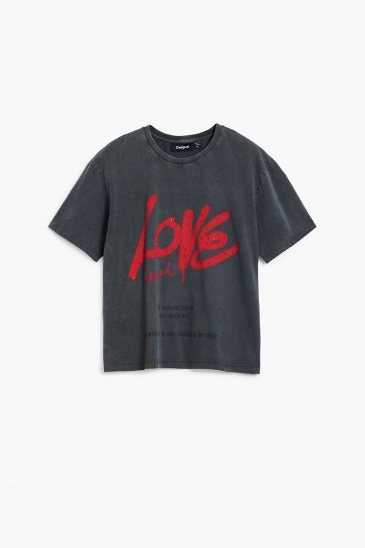 Tricou gri cu imprimeu LOVE și mâneci scurte