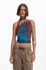 Top multicolor din tulle cu decolteu asimetric