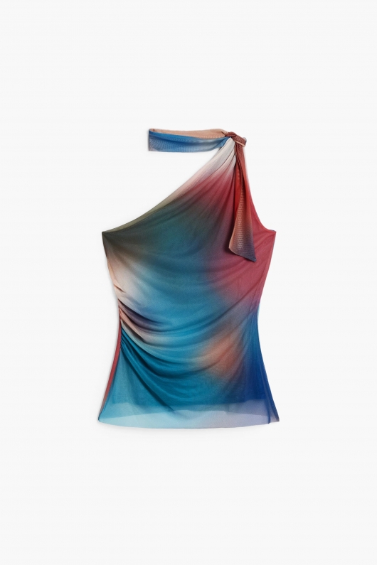 Top multicolor din tulle cu decolteu asimetric