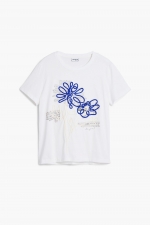 Tricou alb cu imprimeu floral și dantelă
