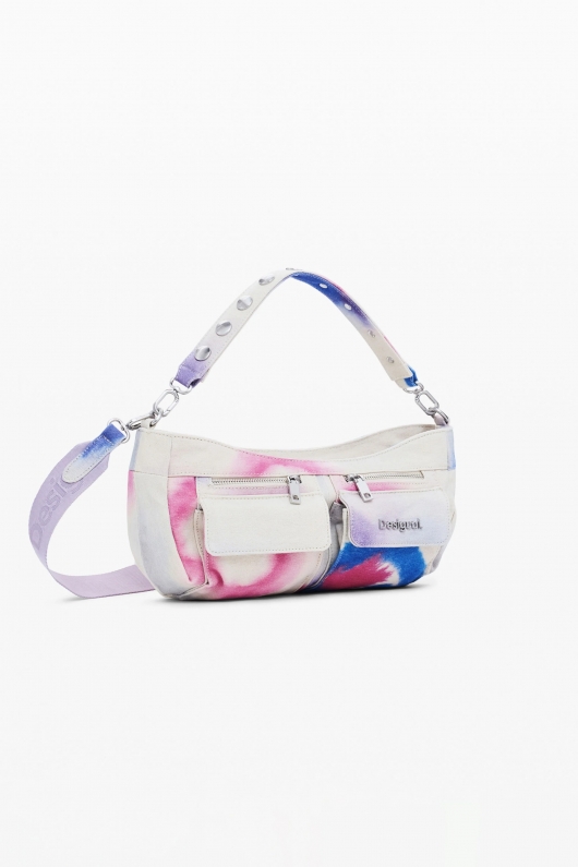 Geantă crossbody bej din canvas cu buzunare