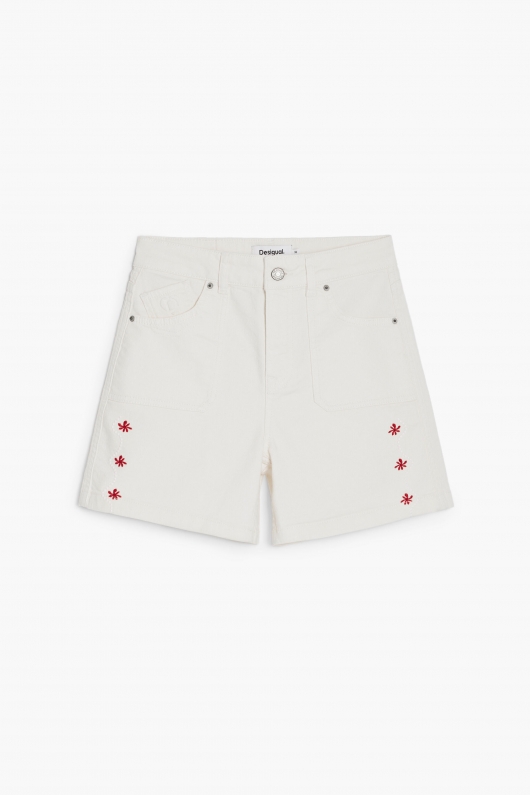 Pantaloni scurți denim crem cu broderie