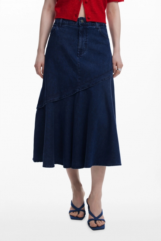 Fustă midi denim albastru cu volane și buzunare