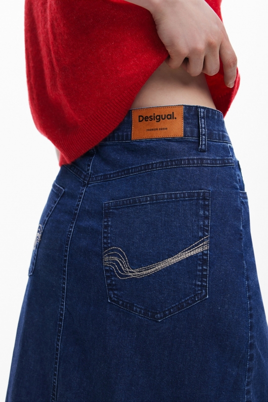 Fustă midi denim albastru cu volane și buzunare