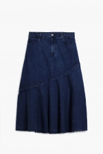 Fustă midi denim albastru cu volane și buzunare
