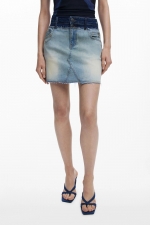 Fustă mini denim albastru cu efect patchwork