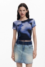 Fustă mini denim albastru cu efect patchwork