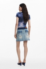 Fustă mini denim albastru cu efect patchwork