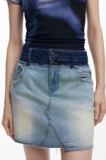 Fustă mini denim albastru cu efect patchwork