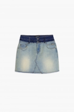 Fustă mini denim albastru cu efect patchwork