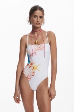 Costum de baie întreg albastru cu imprimeu marin