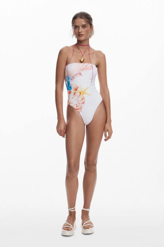 Costum de baie întreg albastru cu imprimeu marin
