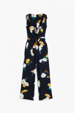 Salopetă neagră lungă cu print floral și curea
