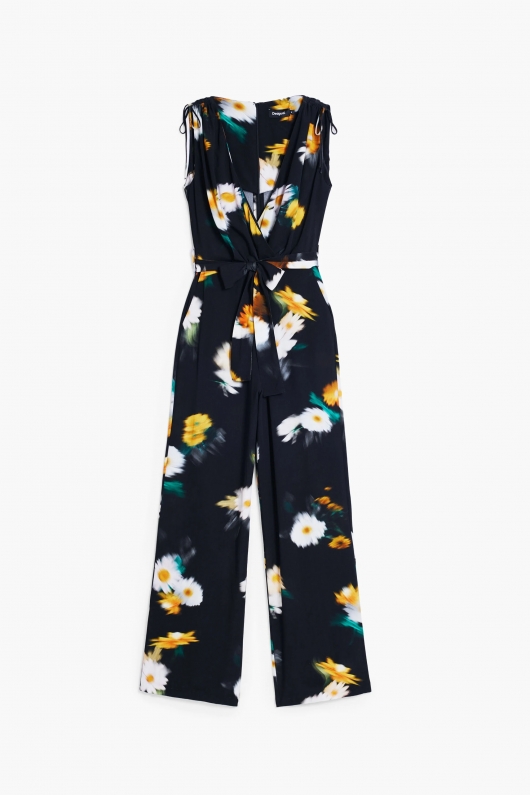 Salopetă neagră lungă cu print floral și curea