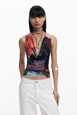 Top casual multicolor cu decolteu asimetric