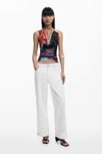 Top casual multicolor cu decolteu asimetric