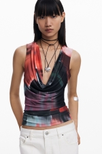 Top casual multicolor cu decolteu asimetric