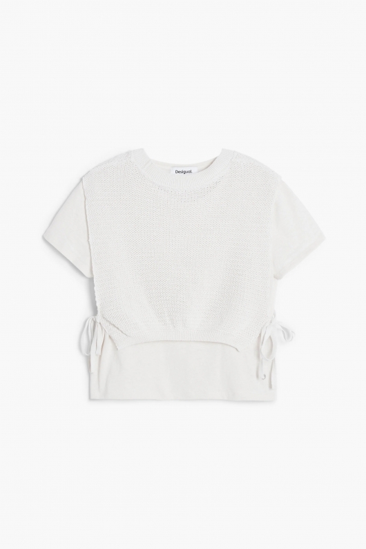 Bluză crem tricot cu vestă croșetată și fundă