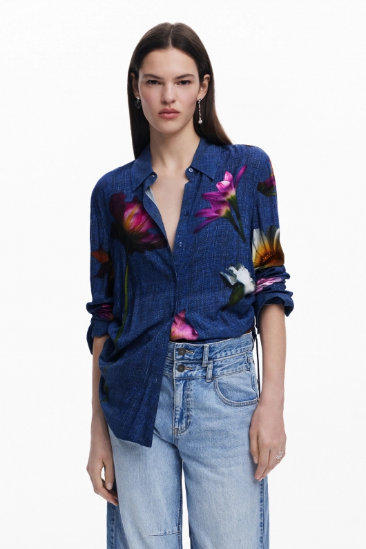 Cămașă albastră casual cu imprimeu floral