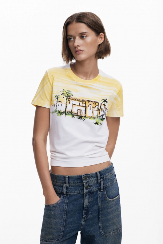 Tricou alb cu imprimeu palmieri casual