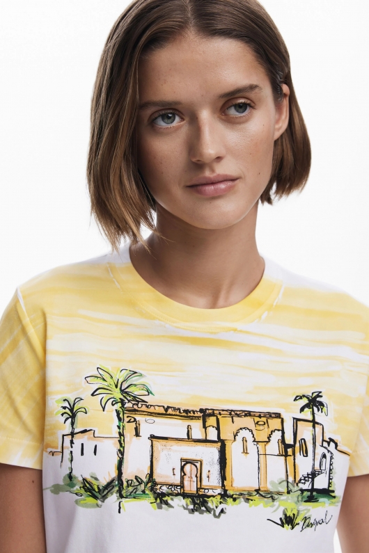 Tricou alb cu imprimeu palmieri casual