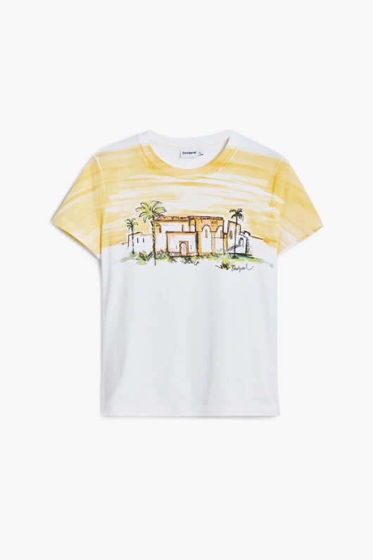Tricou alb cu imprimeu palmieri casual