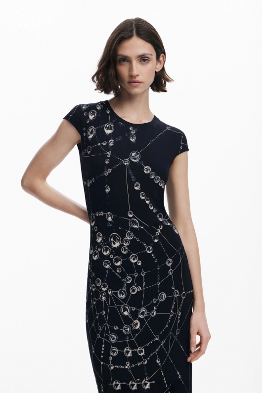 Rochie midi mulată cu imprimeu multicolor