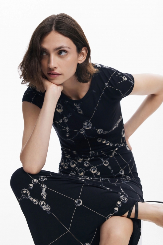 Rochie midi mulată cu imprimeu multicolor