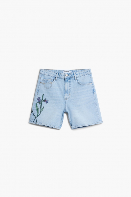 Pantaloni scurți denim albastru cu broderie florală