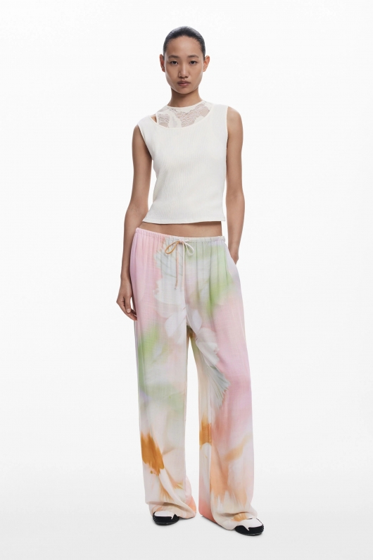 Pantaloni palazzo cu imprimeu floral acuarelă