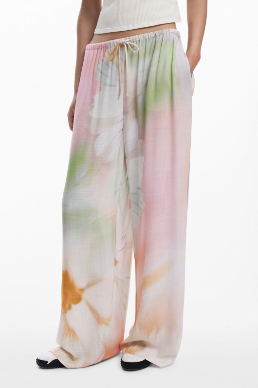 Pantaloni palazzo cu imprimeu floral acuarelă