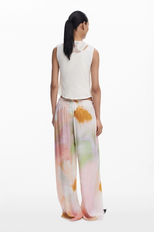 Pantaloni palazzo cu imprimeu floral acuarelă