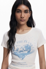 Tricou alb cu imprimeu și pietre aplicate