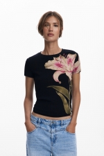 Tricou negru mulat cu imprimeu orhidee