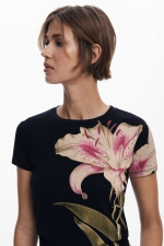 Tricou negru mulat cu imprimeu orhidee
