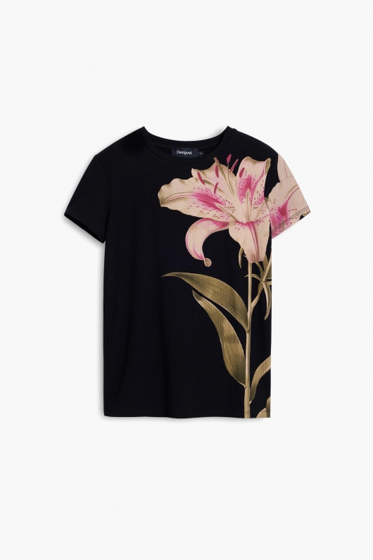 Tricou negru mulat cu imprimeu orhidee