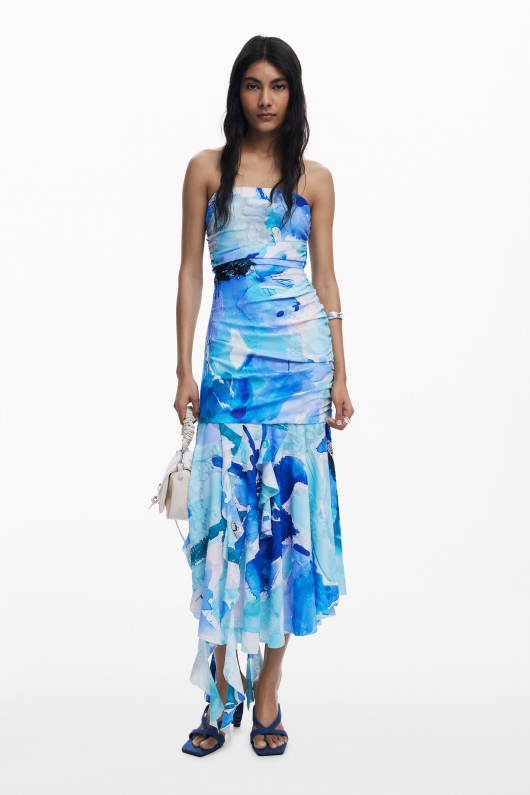 Rochie midi albastră cu imprimeu floral