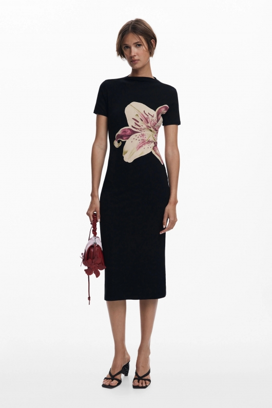 Rochie neagră lungă cu imprimeu floral