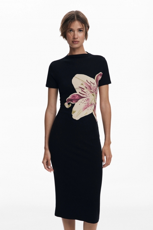 Rochie neagră lungă cu imprimeu floral