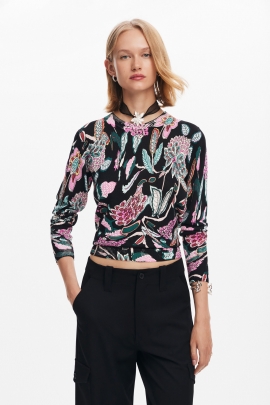 Pulover negru cu imprimeu botanic multicolor
