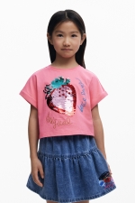 Tricou roz cropped cu paiete căpșună