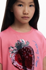 Tricou roz cropped cu paiete căpșună