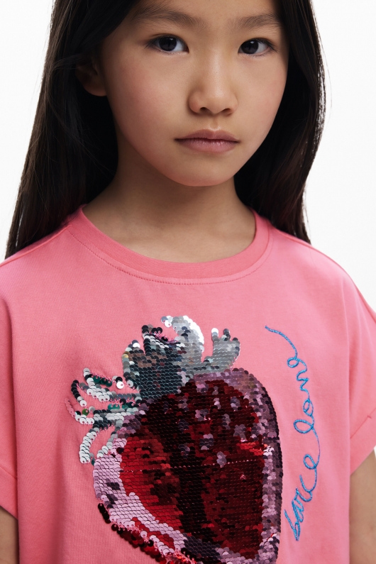 Tricou roz cropped cu paiete căpșună