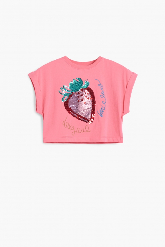 Tricou roz cropped cu paiete căpșună